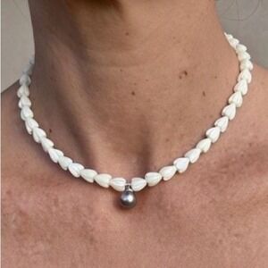 Pikake Lei Mother of Pearl Beaded Black Tahitian Pearl Pendant 16" Silver Choker